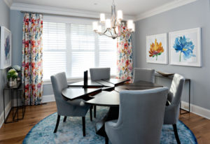 gray dining room set and walls floral curtains