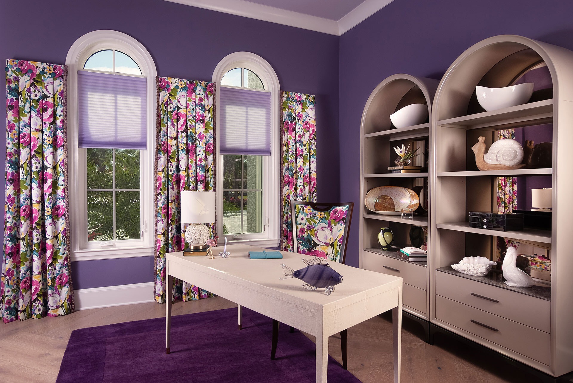 home office with floral window treatments