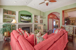 living room with pink couch